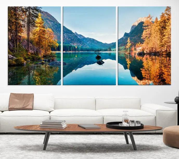 The focal point of the room is the "Fantastic Autumn Panorama Wall Art Canvas Print," a triptych depicting a serene lake and mountains, printed on museum-quality canvas and ready to hang.