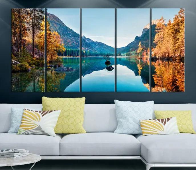 The focal point of the room is the "Fantastic Autumn Panorama Wall Art Canvas Print," a triptych depicting a serene lake and mountains, printed on museum-quality canvas and ready to hang.