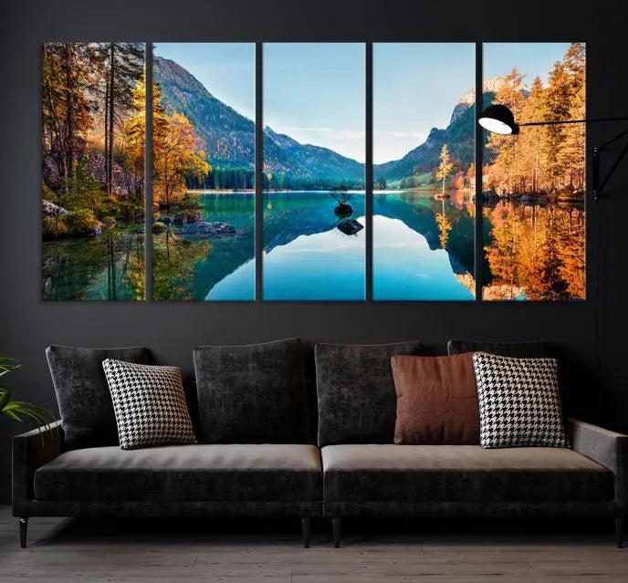 The focal point of the room is the "Fantastic Autumn Panorama Wall Art Canvas Print," a triptych depicting a serene lake and mountains, printed on museum-quality canvas and ready to hang.