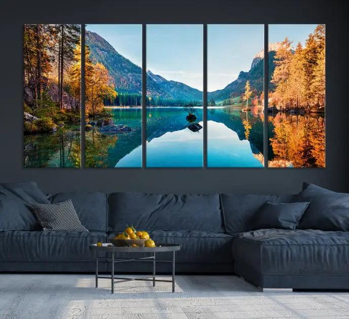 The focal point of the room is the "Fantastic Autumn Panorama Wall Art Canvas Print," a triptych depicting a serene lake and mountains, printed on museum-quality canvas and ready to hang.