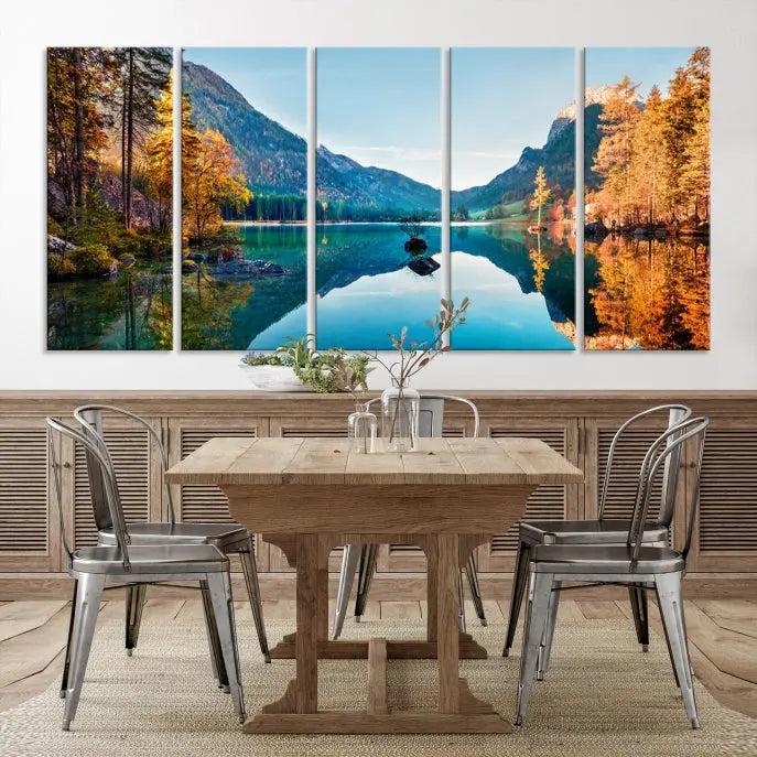 The focal point of the room is the "Fantastic Autumn Panorama Wall Art Canvas Print," a triptych depicting a serene lake and mountains, printed on museum-quality canvas and ready to hang.