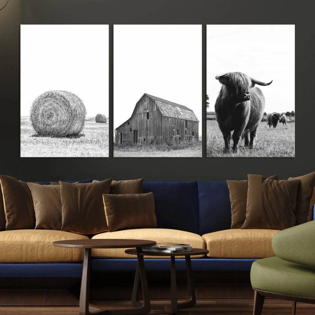 The Farmhouse Wall Art Decor Canvas Print, a triptych artwork, showcases a hay bale, wooden barn, and Highland cow in a meadow. Crafted on museum-quality canvas with neutral tones to create a cozy ambiance, this piece is handcrafted in the USA to enhance any space.