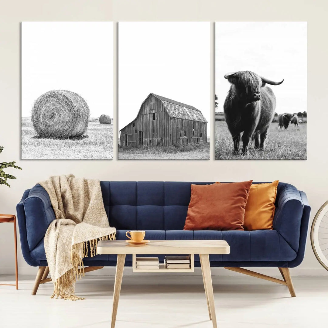 The Farmhouse Wall Art Decor Canvas Print, a triptych artwork, showcases a hay bale, wooden barn, and Highland cow in a meadow. Crafted on museum-quality canvas with neutral tones to create a cozy ambiance, this piece is handcrafted in the USA to enhance any space.