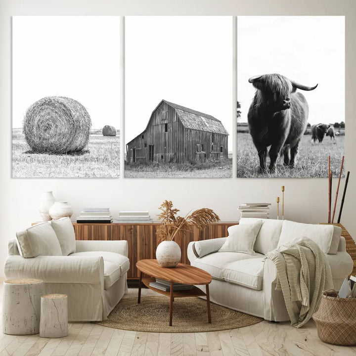 The Farmhouse Wall Art Decor Canvas Print, a triptych artwork, showcases a hay bale, wooden barn, and Highland cow in a meadow. Crafted on museum-quality canvas with neutral tones to create a cozy ambiance, this piece is handcrafted in the USA to enhance any space.