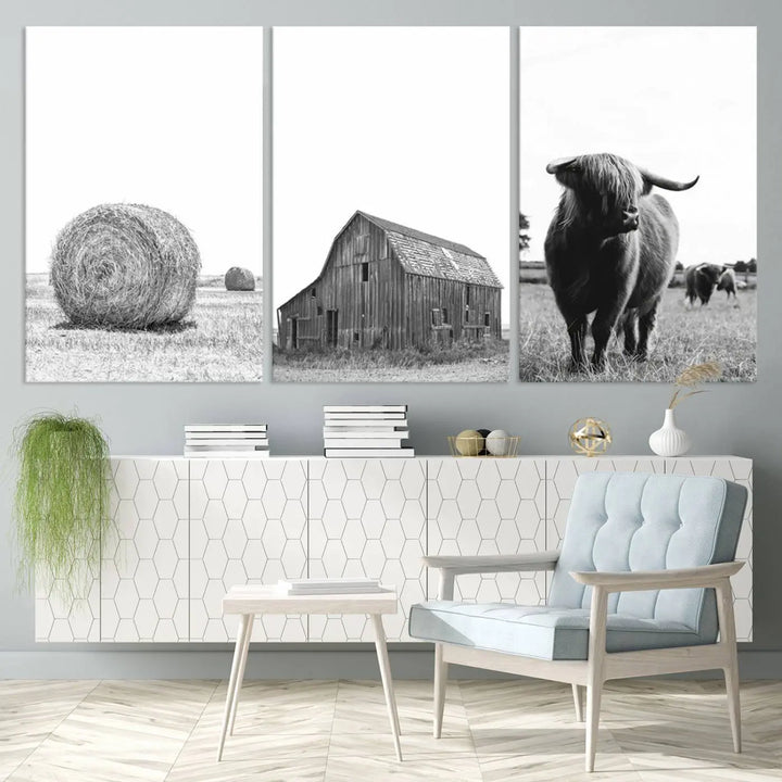 The Farmhouse Wall Art Decor Canvas Print, a triptych artwork, showcases a hay bale, wooden barn, and Highland cow in a meadow. Crafted on museum-quality canvas with neutral tones to create a cozy ambiance, this piece is handcrafted in the USA to enhance any space.