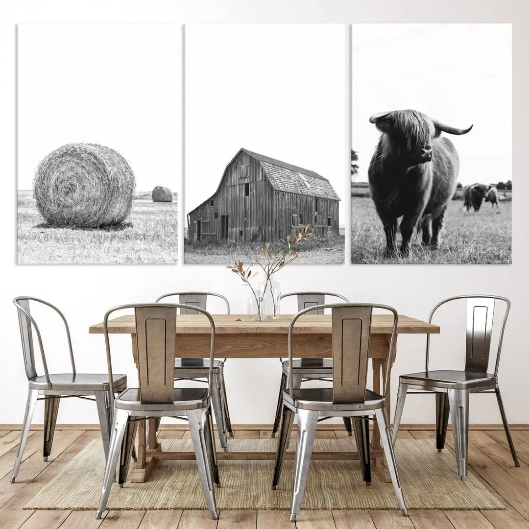 The Farmhouse Wall Art Decor Canvas Print, a triptych artwork, showcases a hay bale, wooden barn, and Highland cow in a meadow. Crafted on museum-quality canvas with neutral tones to create a cozy ambiance, this piece is handcrafted in the USA to enhance any space.