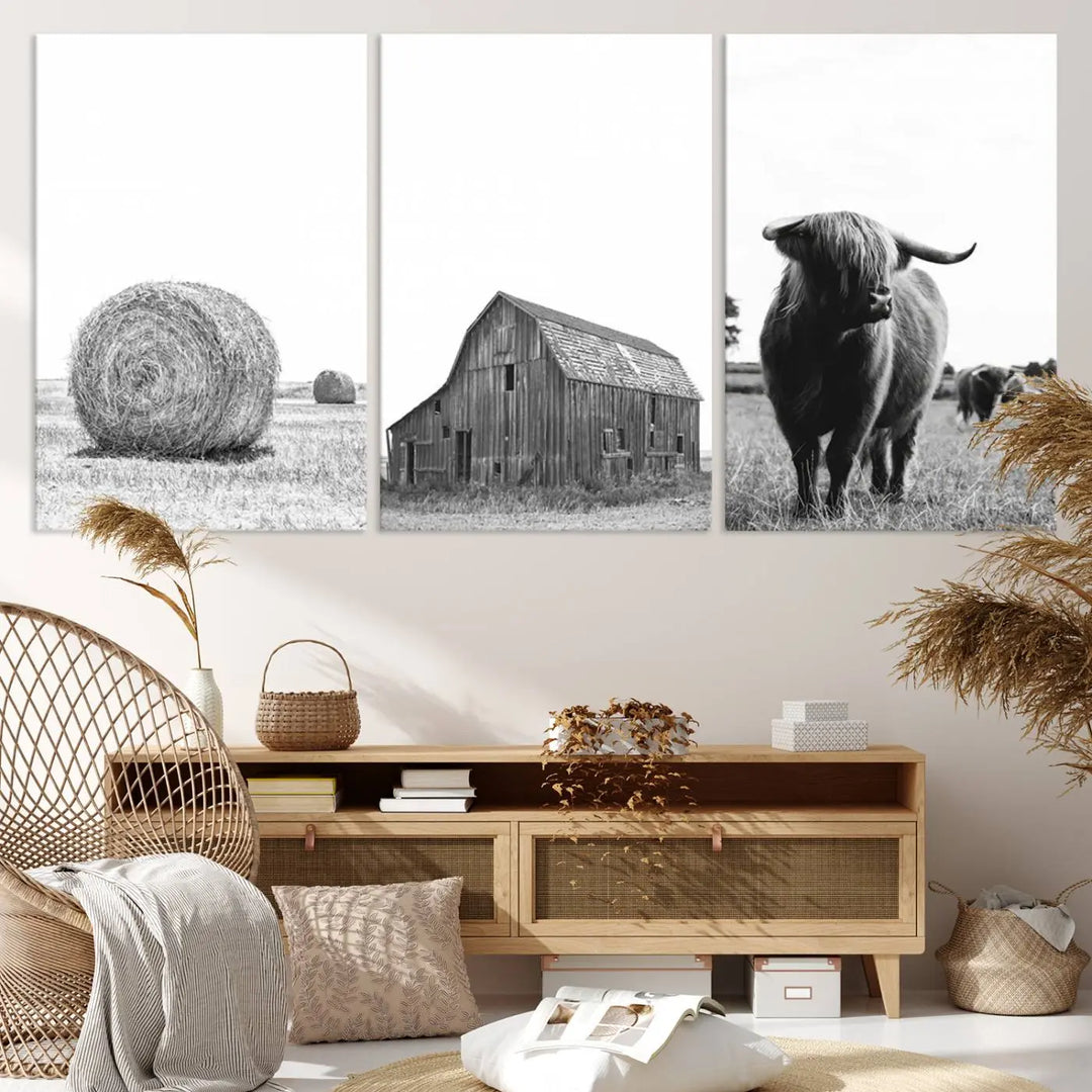 The Farmhouse Wall Art Decor Canvas Print, a triptych artwork, showcases a hay bale, wooden barn, and Highland cow in a meadow. Crafted on museum-quality canvas with neutral tones to create a cozy ambiance, this piece is handcrafted in the USA to enhance any space.