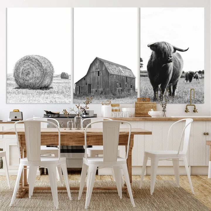 The Farmhouse Wall Art Decor Canvas Print, a triptych artwork, showcases a hay bale, wooden barn, and Highland cow in a meadow. Crafted on museum-quality canvas with neutral tones to create a cozy ambiance, this piece is handcrafted in the USA to enhance any space.