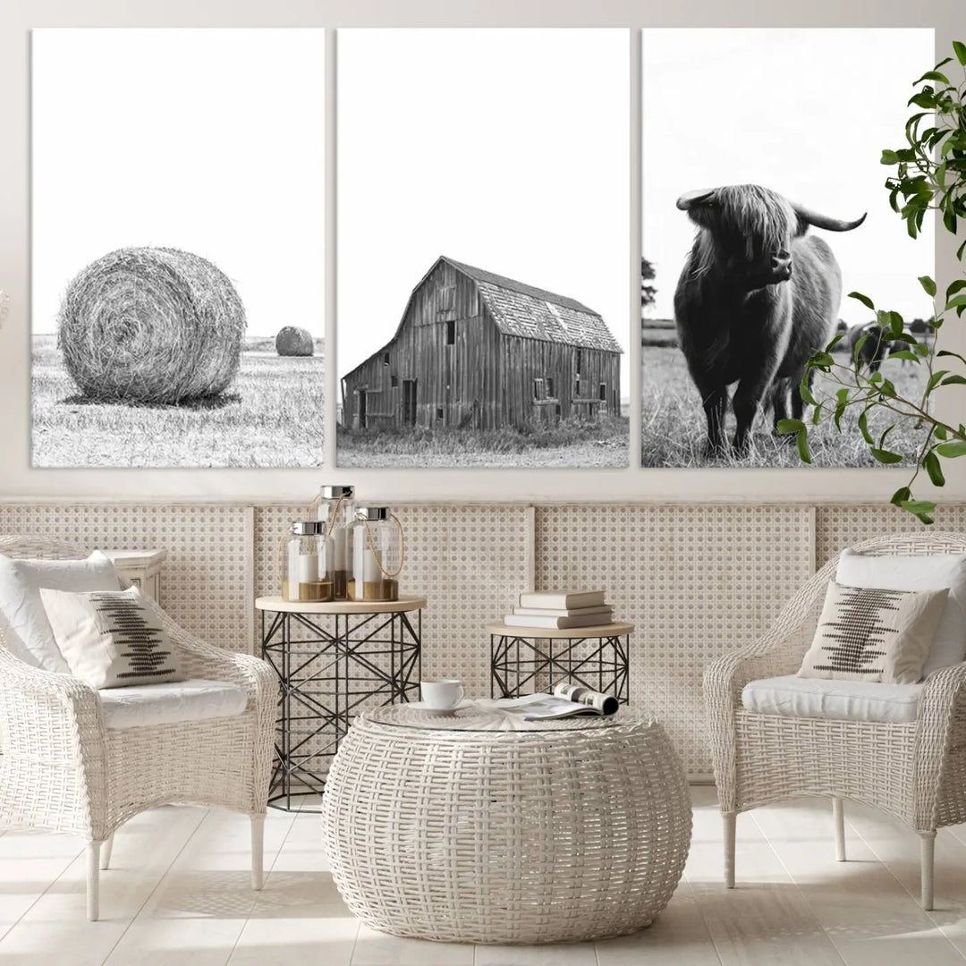 The Farmhouse Wall Art Decor Canvas Print, a triptych artwork, showcases a hay bale, wooden barn, and Highland cow in a meadow. Crafted on museum-quality canvas with neutral tones to create a cozy ambiance, this piece is handcrafted in the USA to enhance any space.