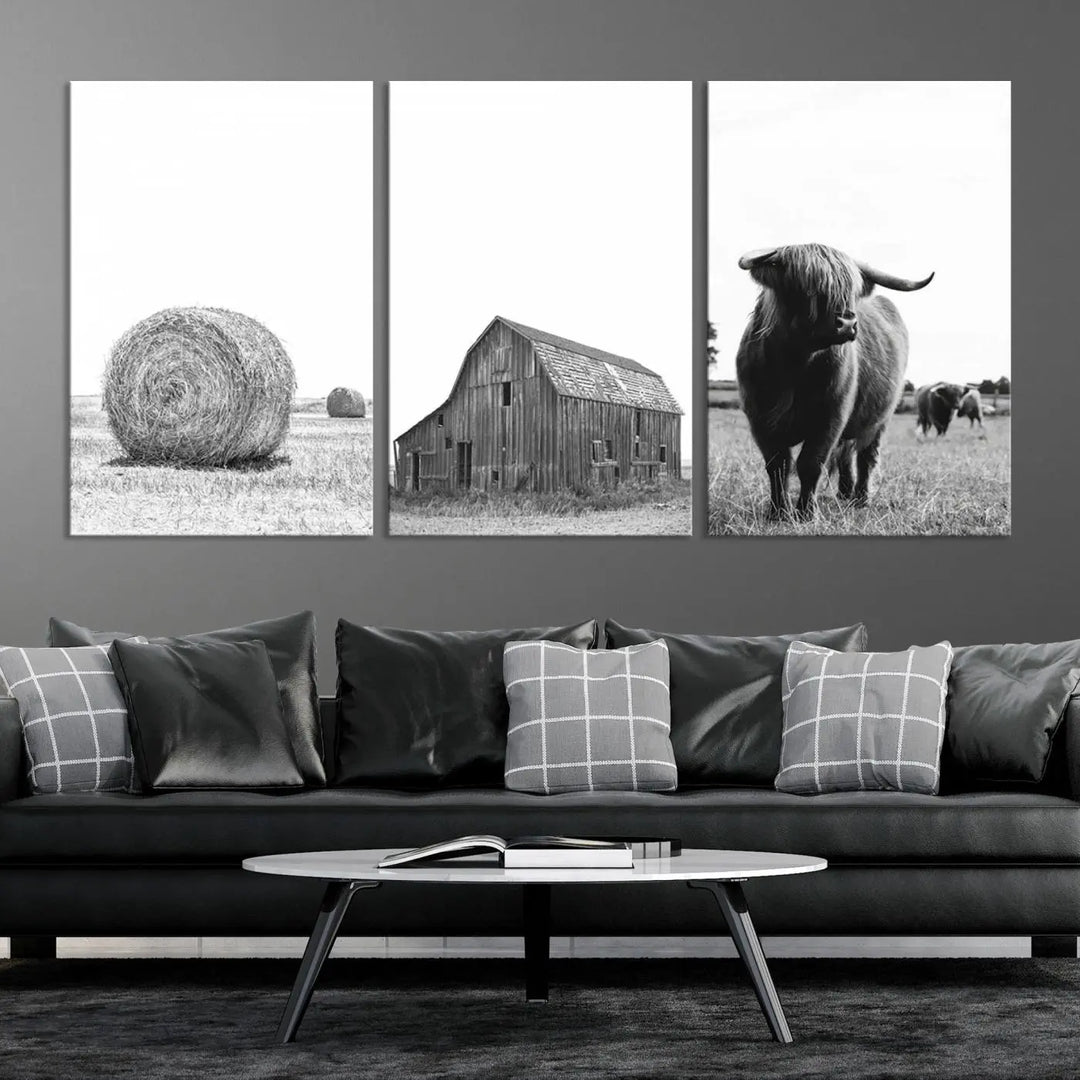 The Farmhouse Wall Art Decor Canvas Print, a triptych artwork, showcases a hay bale, wooden barn, and Highland cow in a meadow. Crafted on museum-quality canvas with neutral tones to create a cozy ambiance, this piece is handcrafted in the USA to enhance any space.