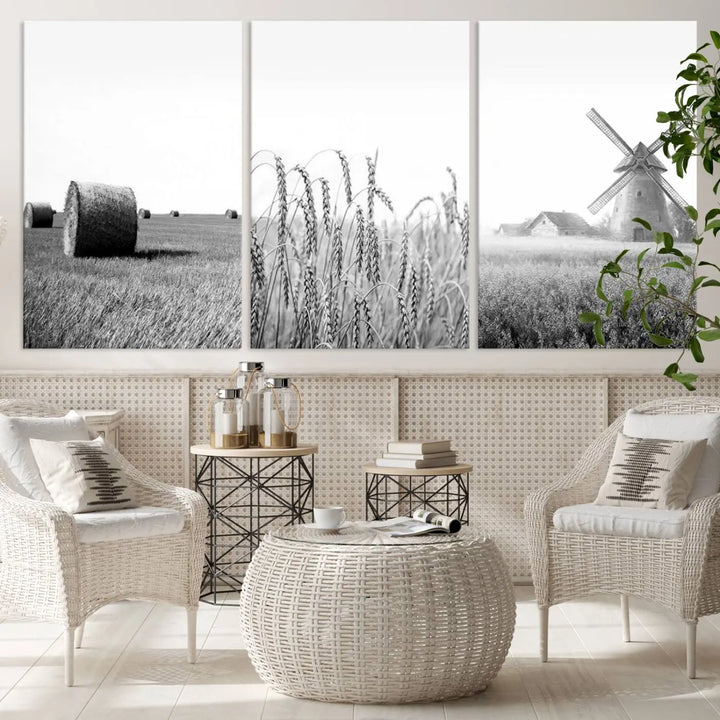 The "Farmhouse Windmill and Wheat Field Black and White 3-Panel Wall Art" brings rustic charm with its depiction of hay bales, wheat, and a windmill. This ready-to-hang canvas print creates an inviting country-inspired atmosphere in any space.