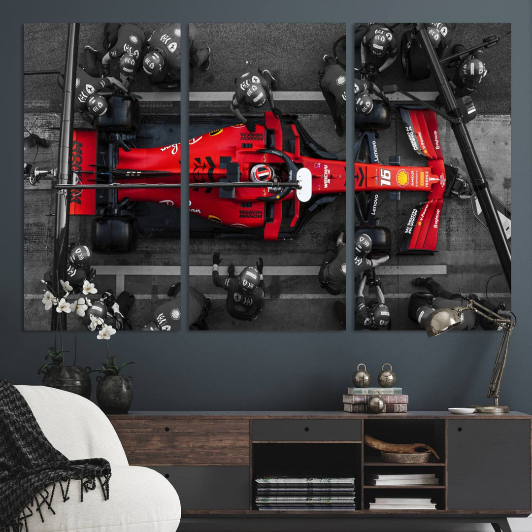 Ferrari Pit Stop Canvas Wall Art – Precision and Speed Captured in Bold Motorsport Imagery – Ready to Hang