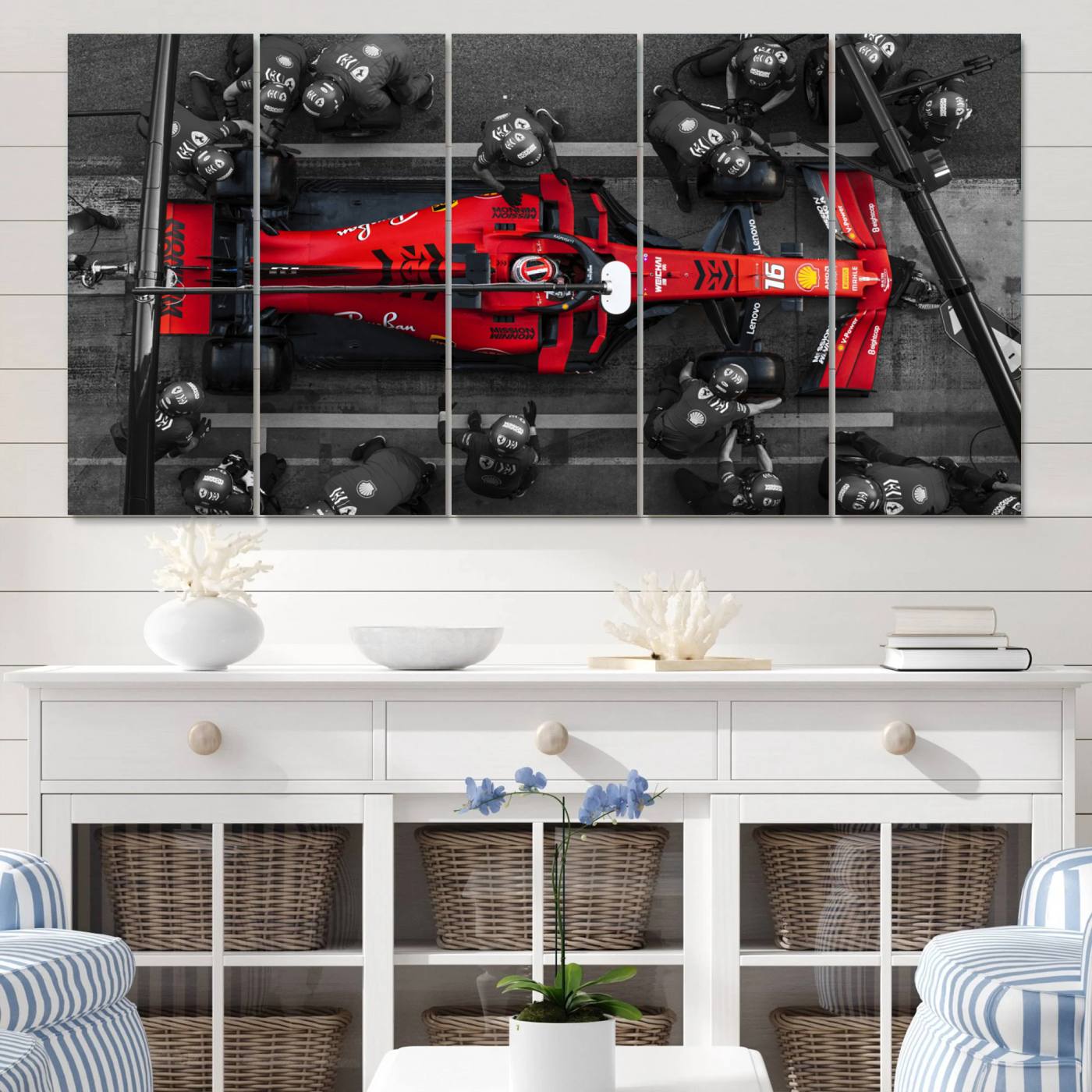 99356-MGV-CV-60X31-5P-Ferrari Pit Stop Canvas Wall Art – Precision and Speed Captured in Bold Motorsport Imagery – Ready to Hang