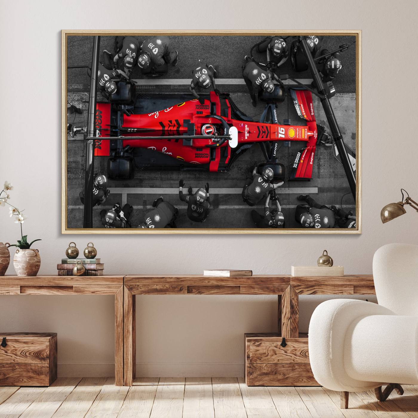 99356-MGV-FC-36X24_Natural-Ferrari Pit Stop Canvas Wall Art – Precision and Speed Captured in Bold Motorsport Imagery – Ready to Hang