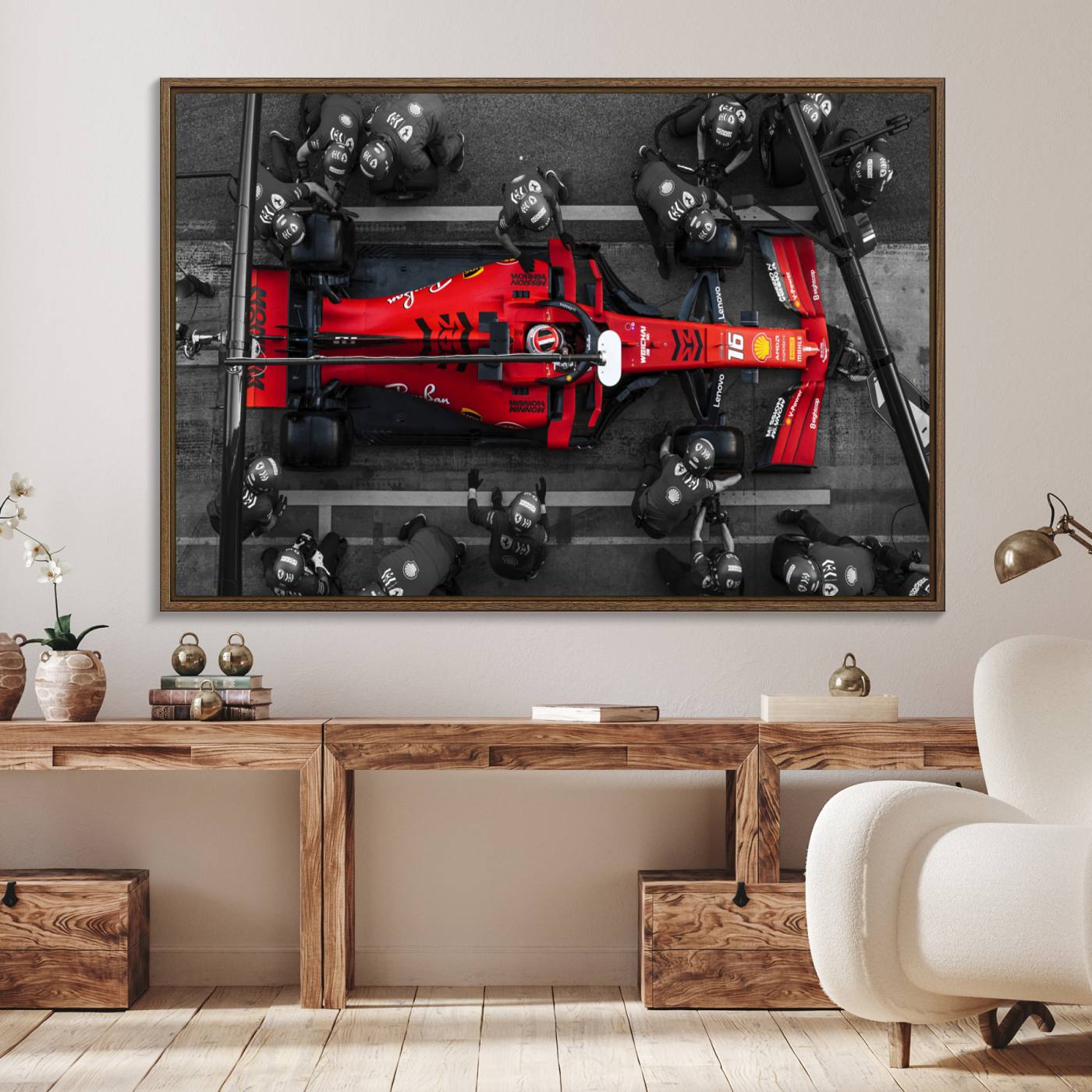 99356-MGV-FC-36X24_Walnut-Ferrari Pit Stop Canvas Wall Art – Precision and Speed Captured in Bold Motorsport Imagery – Ready to Hang