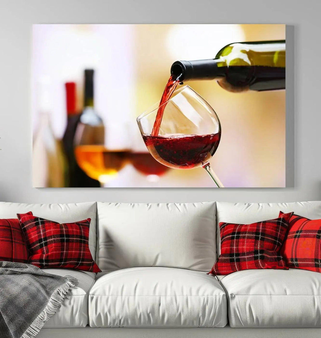 The Filling Red Wine into Glass Red Wine Canvas Print showcases a wine bottle pouring red wine into a glass. This scene, captured on museum-quality canvas, promises timeless elegance and comes with free shipping for effortless delivery to your doorstep.