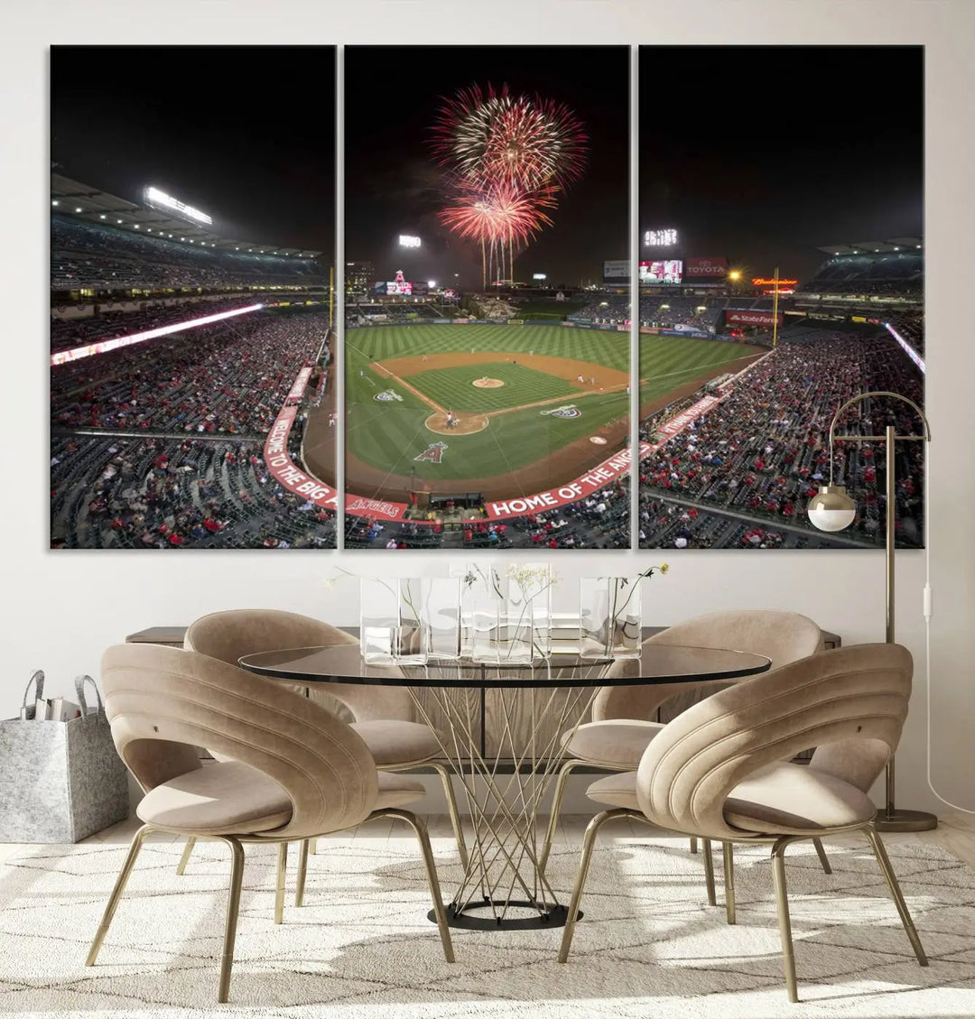 The spacious living room is accentuated by the "Fireworks at Angel Stadium – Los Angeles Angels Night Game" framed canvas print, ready to hang and perfect for any baseball fan.