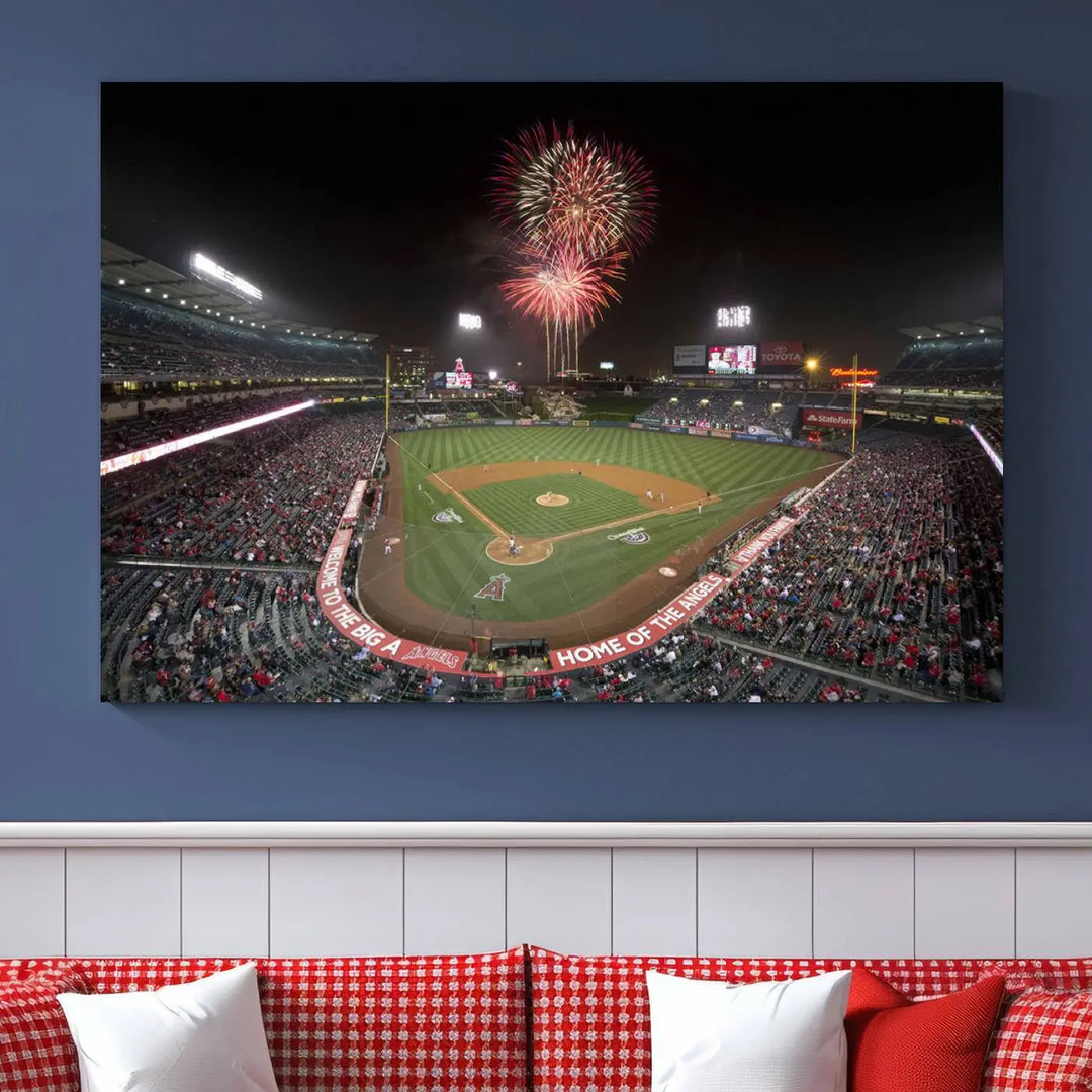 The spacious living room is accentuated by the "Fireworks at Angel Stadium – Los Angeles Angels Night Game" framed canvas print, ready to hang and perfect for any baseball fan.