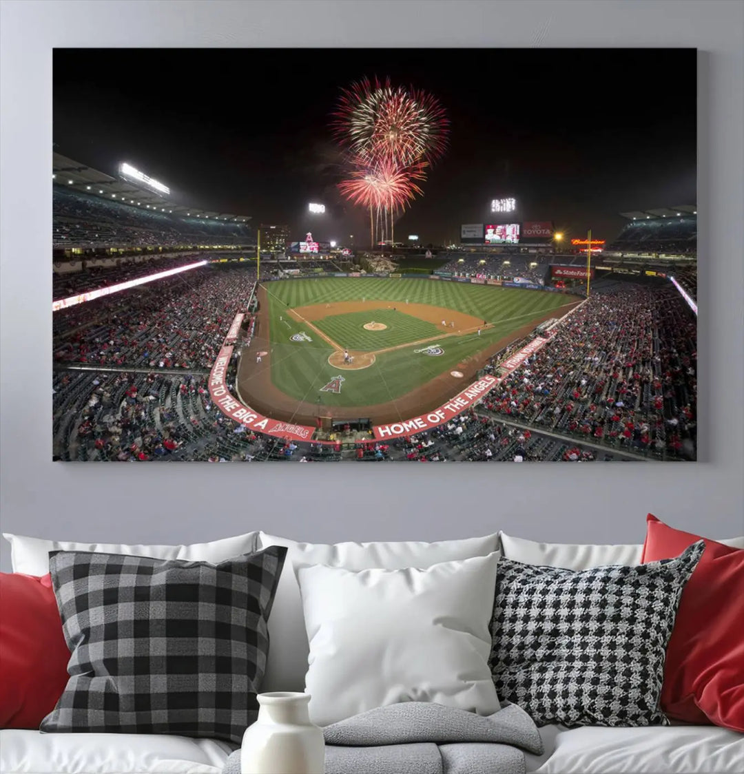 The spacious living room is accentuated by the "Fireworks at Angel Stadium – Los Angeles Angels Night Game" framed canvas print, ready to hang and perfect for any baseball fan.