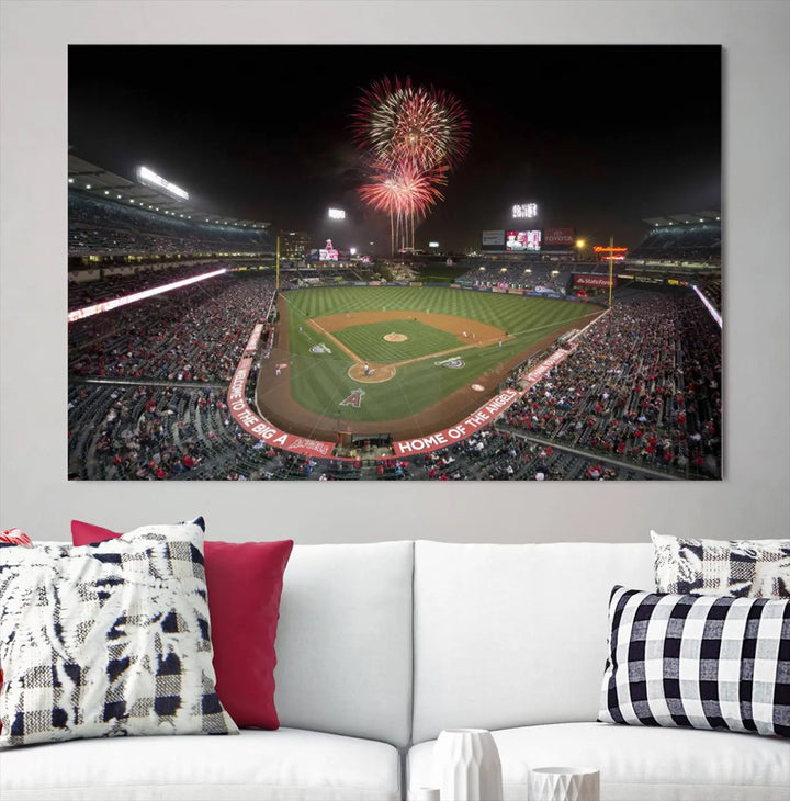 The spacious living room is accentuated by the "Fireworks at Angel Stadium – Los Angeles Angels Night Game" framed canvas print, ready to hang and perfect for any baseball fan.