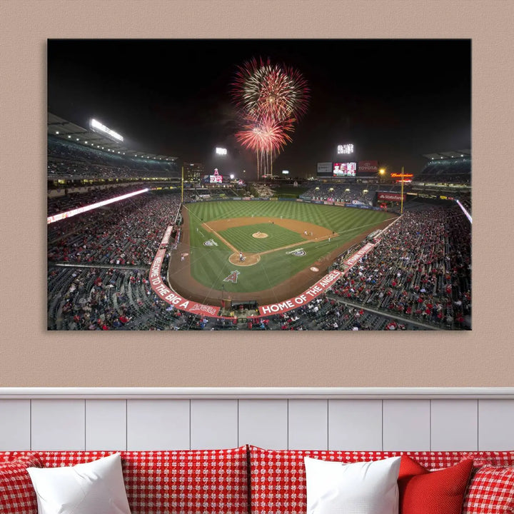 The spacious living room is accentuated by the "Fireworks at Angel Stadium – Los Angeles Angels Night Game" framed canvas print, ready to hang and perfect for any baseball fan.