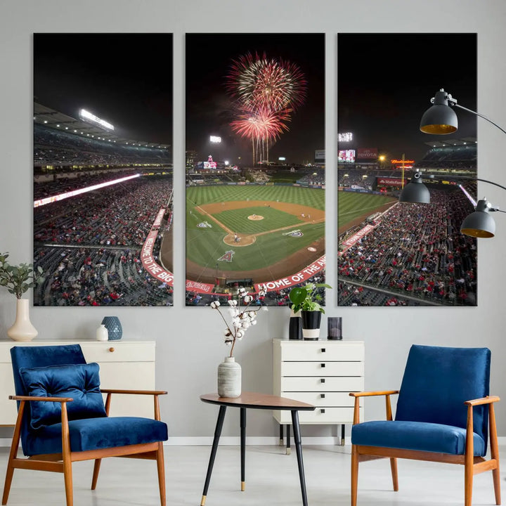 The spacious living room is accentuated by the "Fireworks at Angel Stadium – Los Angeles Angels Night Game" framed canvas print, ready to hang and perfect for any baseball fan.