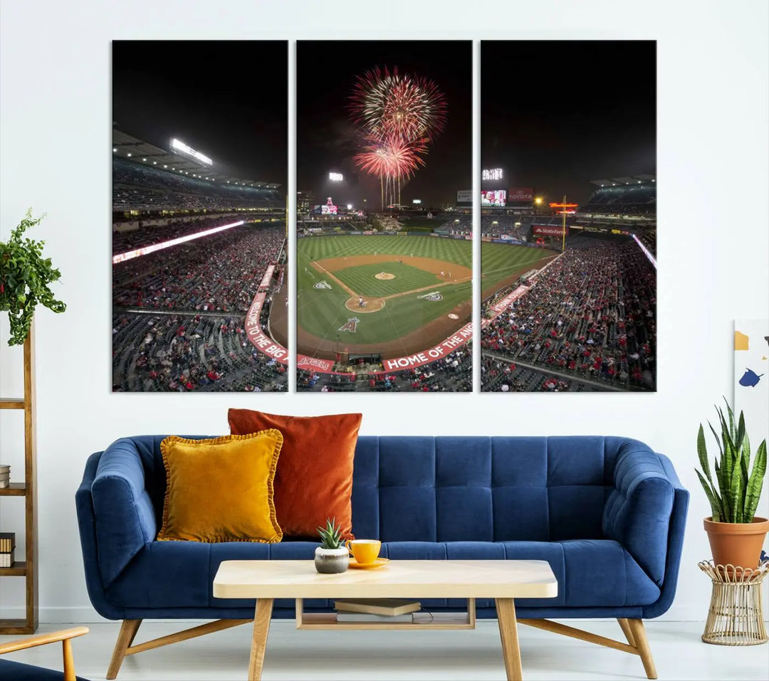 The spacious living room is accentuated by the "Fireworks at Angel Stadium – Los Angeles Angels Night Game" framed canvas print, ready to hang and perfect for any baseball fan.