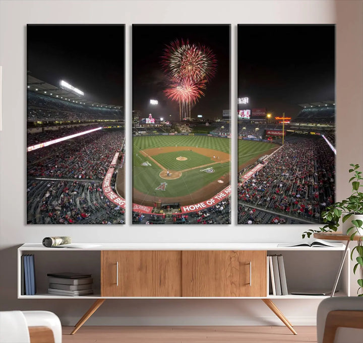 The spacious living room is accentuated by the "Fireworks at Angel Stadium – Los Angeles Angels Night Game" framed canvas print, ready to hang and perfect for any baseball fan.