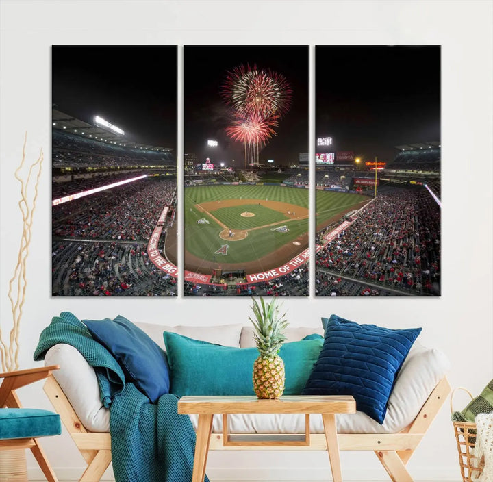 The spacious living room is accentuated by the "Fireworks at Angel Stadium – Los Angeles Angels Night Game" framed canvas print, ready to hang and perfect for any baseball fan.