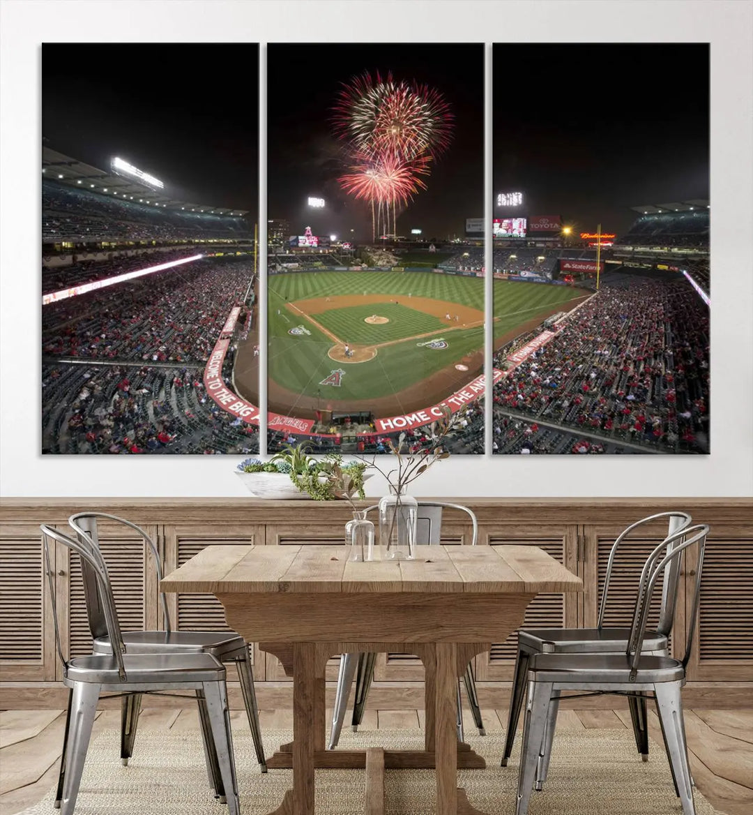 The spacious living room is accentuated by the "Fireworks at Angel Stadium – Los Angeles Angels Night Game" framed canvas print, ready to hang and perfect for any baseball fan.