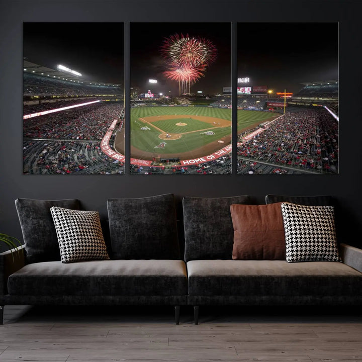 The spacious living room is accentuated by the "Fireworks at Angel Stadium – Los Angeles Angels Night Game" framed canvas print, ready to hang and perfect for any baseball fan.