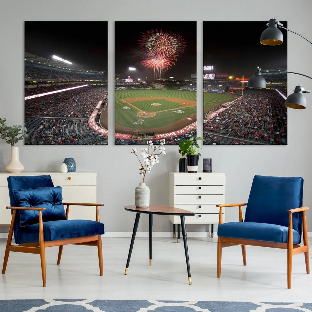 The spacious living room is accentuated by the "Fireworks at Angel Stadium – Los Angeles Angels Night Game" framed canvas print, ready to hang and perfect for any baseball fan.