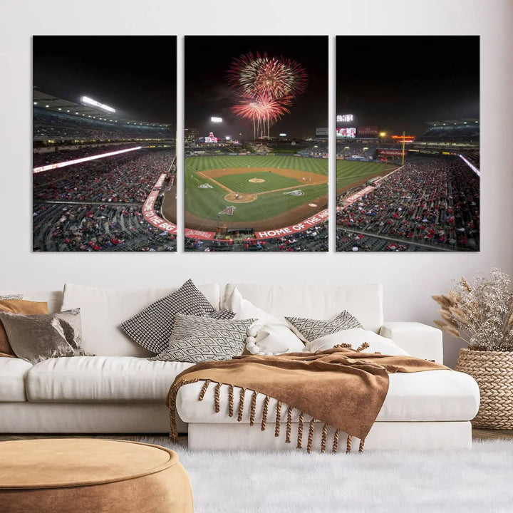 The spacious living room is accentuated by the "Fireworks at Angel Stadium – Los Angeles Angels Night Game" framed canvas print, ready to hang and perfect for any baseball fan.