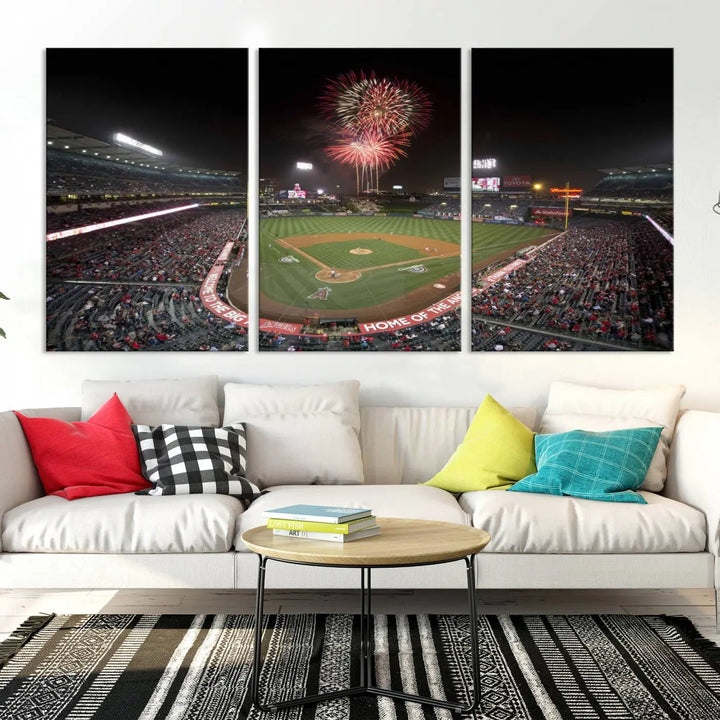 The spacious living room is accentuated by the "Fireworks at Angel Stadium – Los Angeles Angels Night Game" framed canvas print, ready to hang and perfect for any baseball fan.