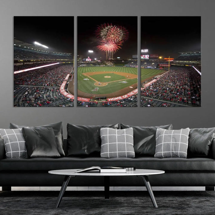 The spacious living room is accentuated by the "Fireworks at Angel Stadium – Los Angeles Angels Night Game" framed canvas print, ready to hang and perfect for any baseball fan.