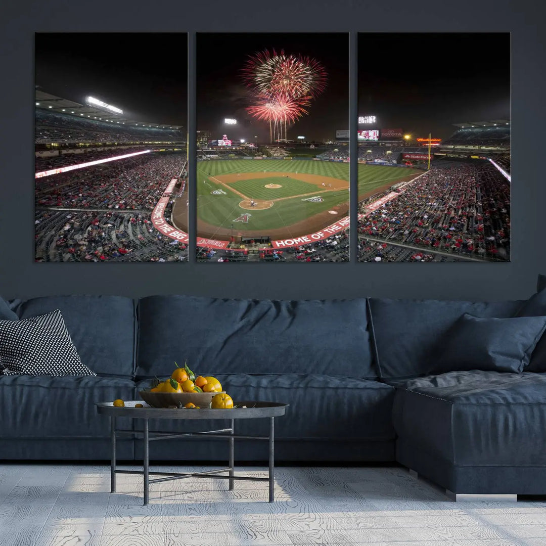 The spacious living room is accentuated by the "Fireworks at Angel Stadium – Los Angeles Angels Night Game" framed canvas print, ready to hang and perfect for any baseball fan.