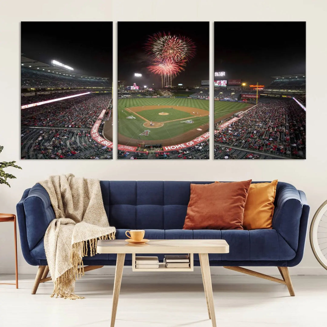 The spacious living room is accentuated by the "Fireworks at Angel Stadium – Los Angeles Angels Night Game" framed canvas print, ready to hang and perfect for any baseball fan.