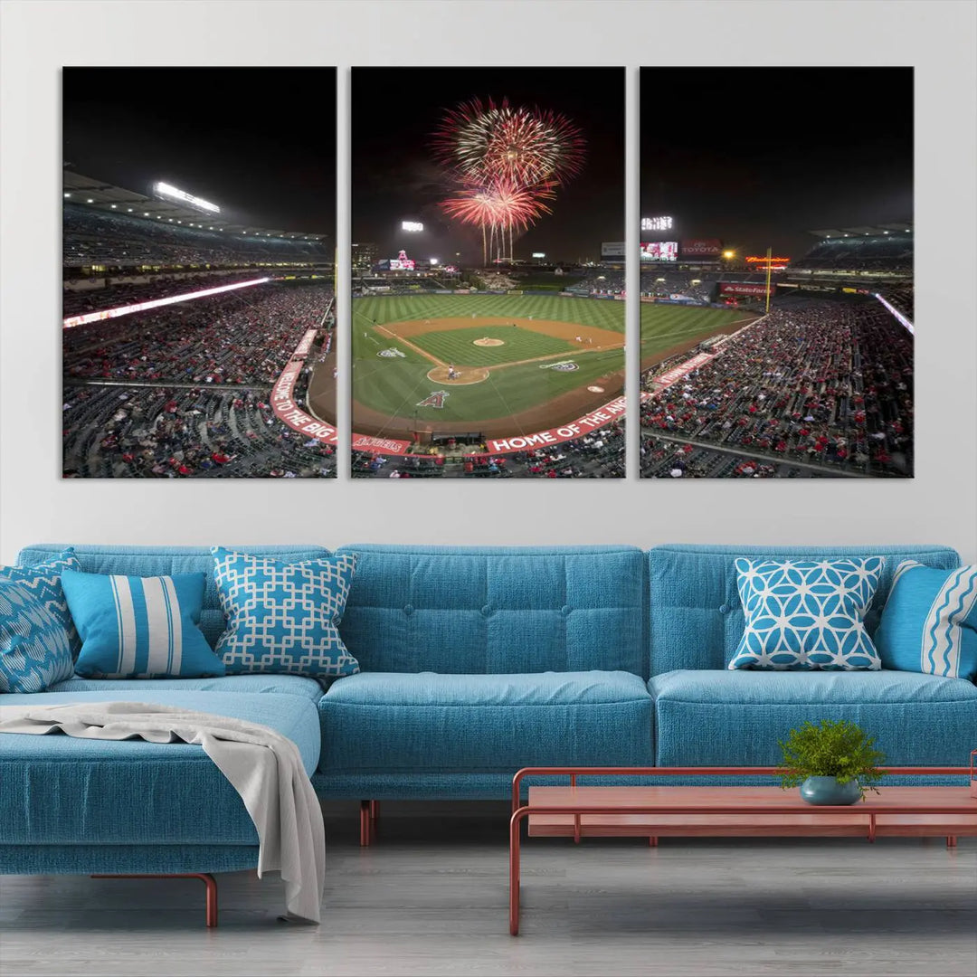 The spacious living room is accentuated by the "Fireworks at Angel Stadium – Los Angeles Angels Night Game" framed canvas print, ready to hang and perfect for any baseball fan.