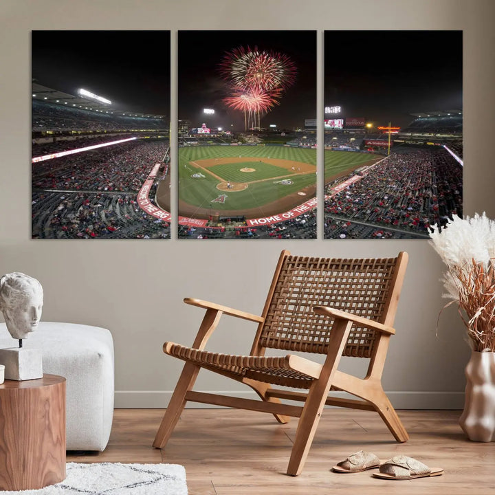 The spacious living room is accentuated by the "Fireworks at Angel Stadium – Los Angeles Angels Night Game" framed canvas print, ready to hang and perfect for any baseball fan.