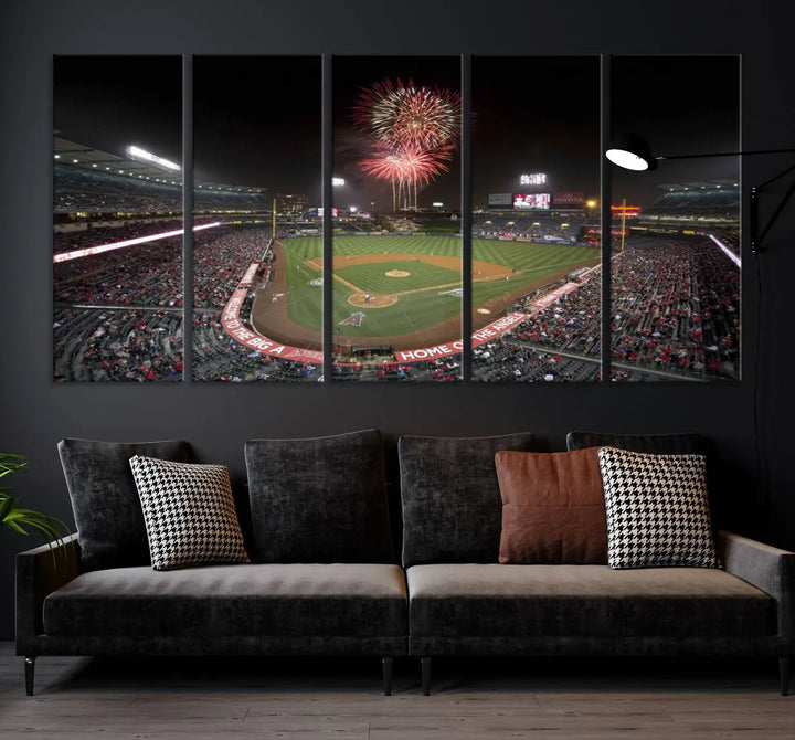 The spacious living room is accentuated by the "Fireworks at Angel Stadium – Los Angeles Angels Night Game" framed canvas print, ready to hang and perfect for any baseball fan.