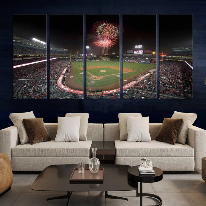 The spacious living room is accentuated by the "Fireworks at Angel Stadium – Los Angeles Angels Night Game" framed canvas print, ready to hang and perfect for any baseball fan.