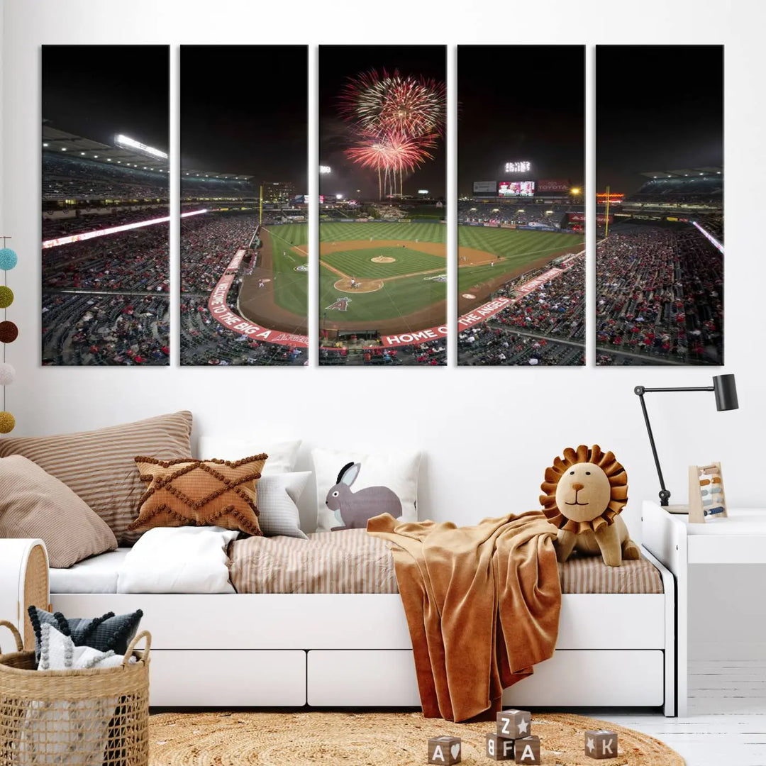 The spacious living room is accentuated by the "Fireworks at Angel Stadium – Los Angeles Angels Night Game" framed canvas print, ready to hang and perfect for any baseball fan.