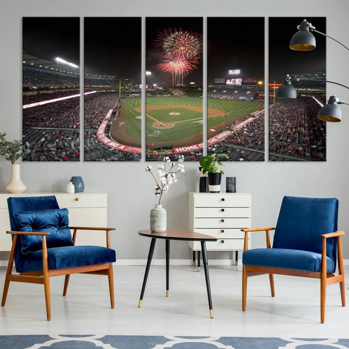 The spacious living room is accentuated by the "Fireworks at Angel Stadium – Los Angeles Angels Night Game" framed canvas print, ready to hang and perfect for any baseball fan.