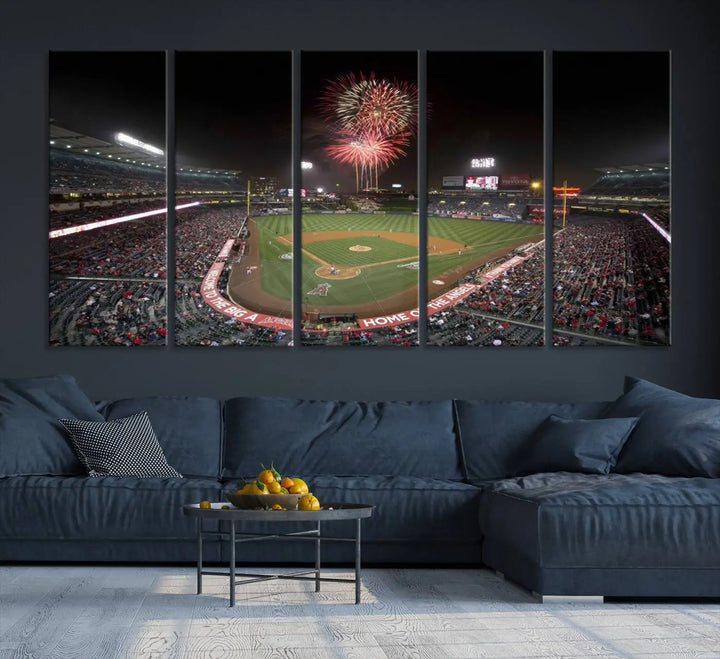 The spacious living room is accentuated by the "Fireworks at Angel Stadium – Los Angeles Angels Night Game" framed canvas print, ready to hang and perfect for any baseball fan.