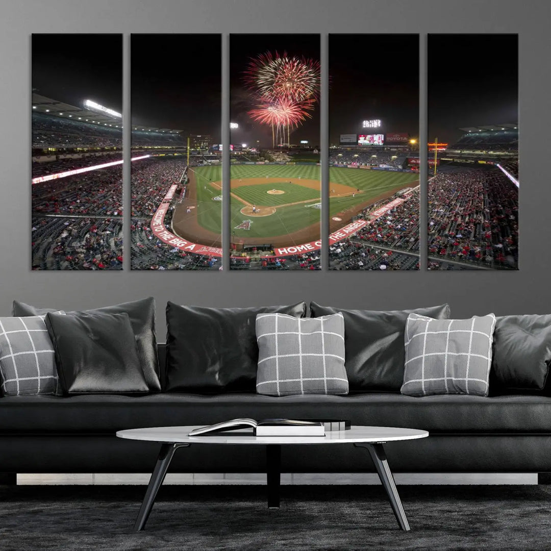 The spacious living room is accentuated by the "Fireworks at Angel Stadium – Los Angeles Angels Night Game" framed canvas print, ready to hang and perfect for any baseball fan.