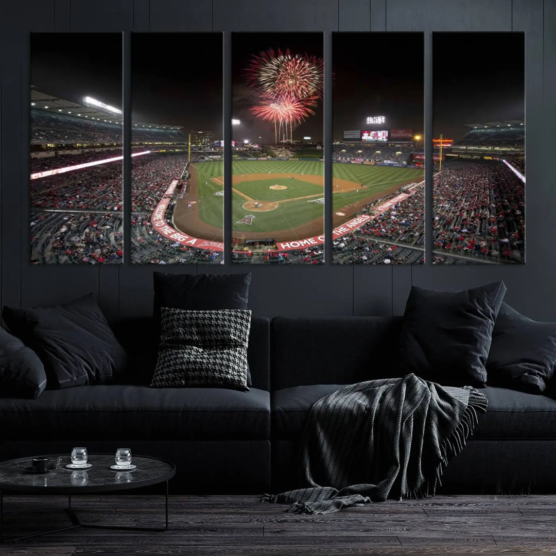 The spacious living room is accentuated by the "Fireworks at Angel Stadium – Los Angeles Angels Night Game" framed canvas print, ready to hang and perfect for any baseball fan.