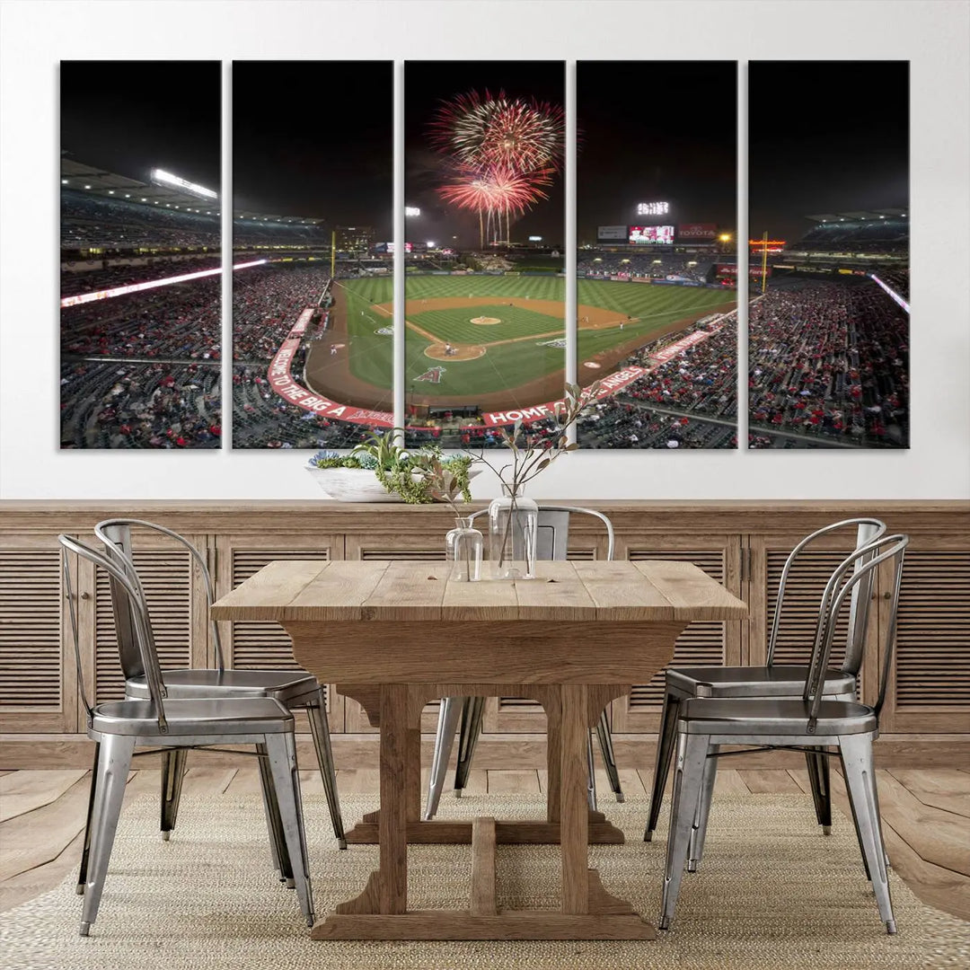 The spacious living room is accentuated by the "Fireworks at Angel Stadium – Los Angeles Angels Night Game" framed canvas print, ready to hang and perfect for any baseball fan.