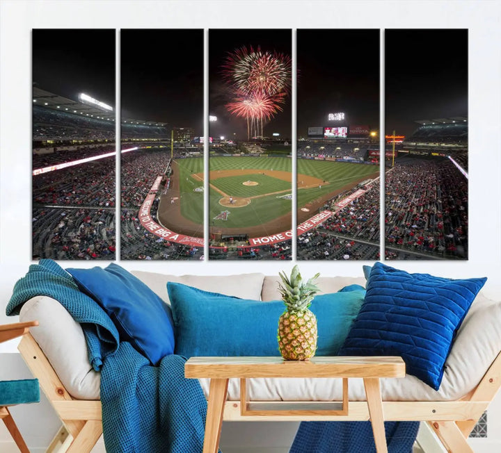 The spacious living room is accentuated by the "Fireworks at Angel Stadium – Los Angeles Angels Night Game" framed canvas print, ready to hang and perfect for any baseball fan.