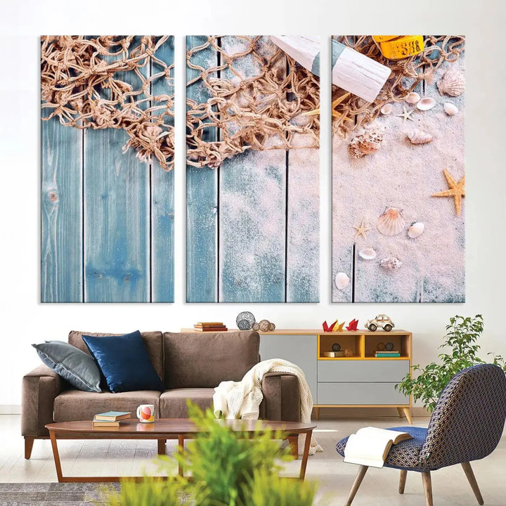 Discover the "Fishing Net on Old Rusty Woods Canvas Wall Art Nautical Canvas Art," a coastal-themed triptych that adorns your space, featuring enchanting shells and netting. Each museum-quality canvas is expertly finished with UV-protective coating to ensure its vibrant beauty endures.