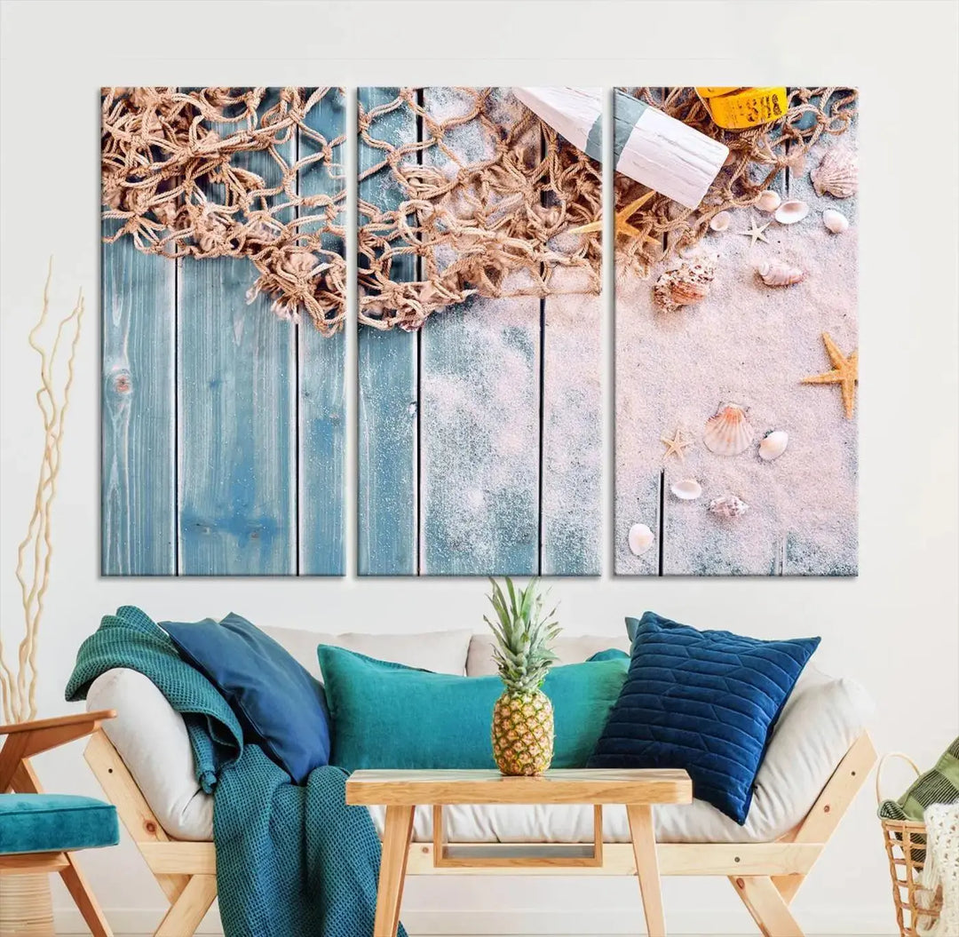 Discover the "Fishing Net on Old Rusty Woods Canvas Wall Art Nautical Canvas Art," a coastal-themed triptych that adorns your space, featuring enchanting shells and netting. Each museum-quality canvas is expertly finished with UV-protective coating to ensure its vibrant beauty endures.